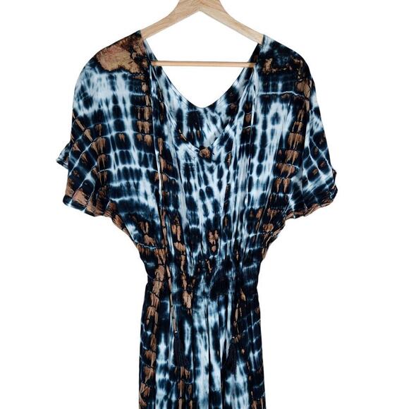Tiare Womens Maxi Dress Blue Brown Tie Dye  ightweight Cinched Waist Beachy - Picture 11 of 15